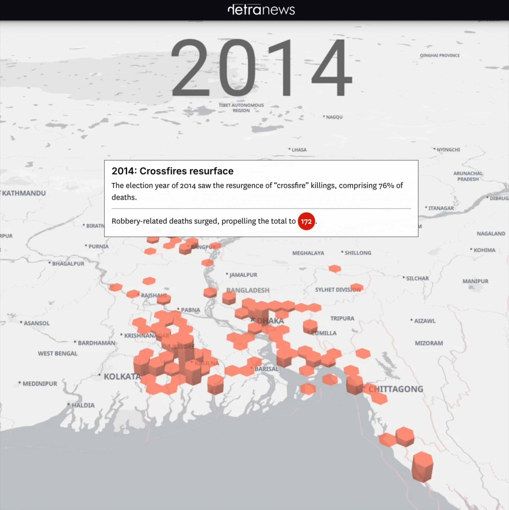 Animated visualisation: Bangladesh district map showing extrajudicial killings, 2019.